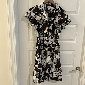Talbots Button Up Floral Dress with Belt Brown White Size 12